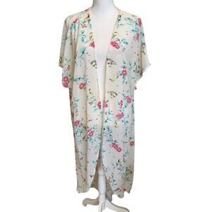 Torrid Kimono Duster Sz 2/3 2X/3X White Pink Floral Birds Sheer Flutter Sleeves